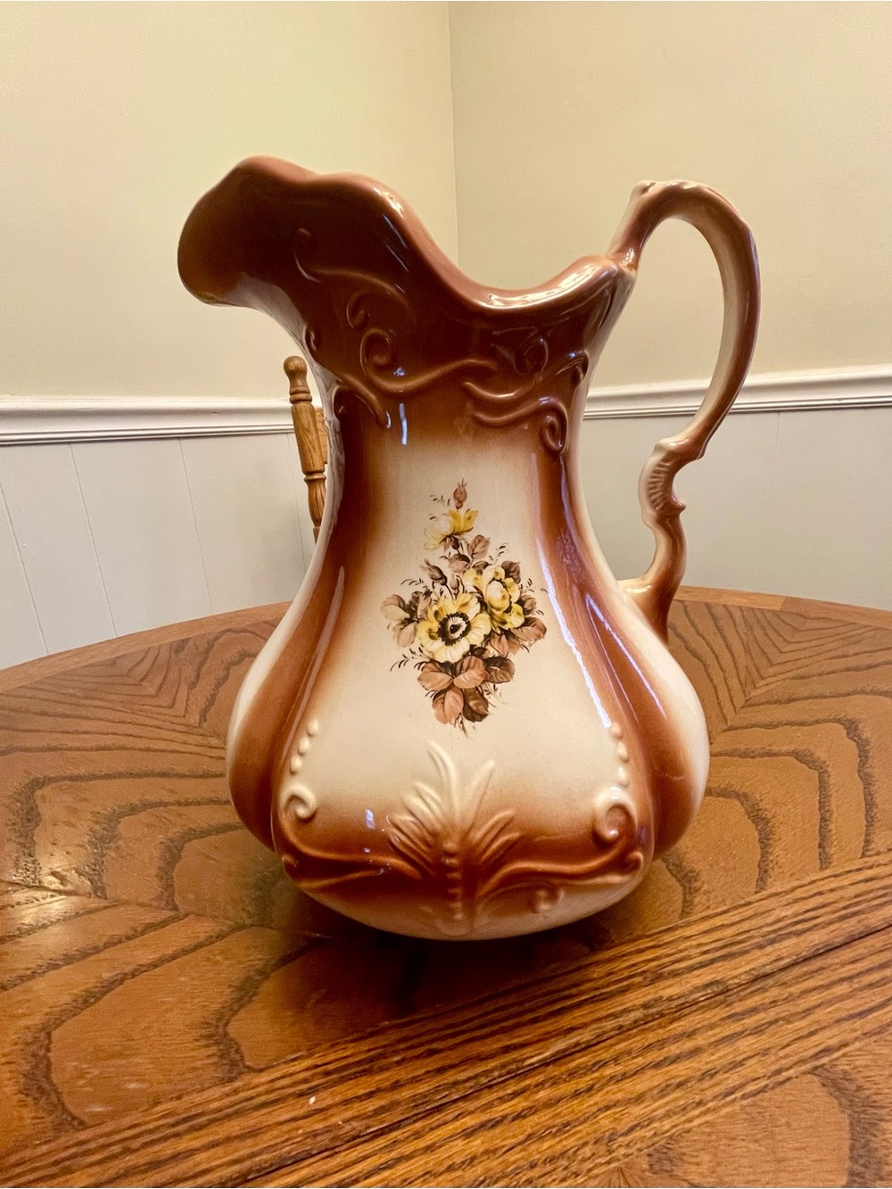 Vintage Victorian Revival Floral Ceramic Wash Pitcher Farmhouse Decor